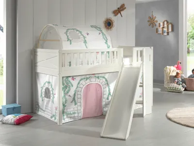 Produktbild von VIPACK - Spielbett SCOTT, LF 90 x 200 cm, mit Rolllattenrost, Rutsche, Leiter und Textilset Vorhang und Tunnel "Birdy"