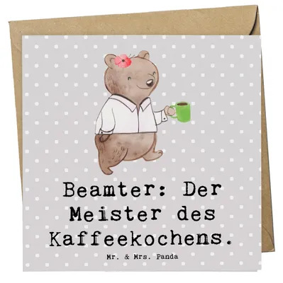 Produktbild von Mr. & Mrs. Panda Grußkarte Beamter Kaffeemeister - Grau Pastell - Geschenk, Beruf, handgefertigte Geschenke, Berufsalltag, Glückwunschkarte, Arbeitsplatz, Klappkarte