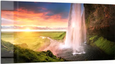 Produktbild von DEQORI Küchenrückwand Glas 100x50 cm 'Seljalandsfoss Wasserfall' Spritzschutz Bad Rückwand