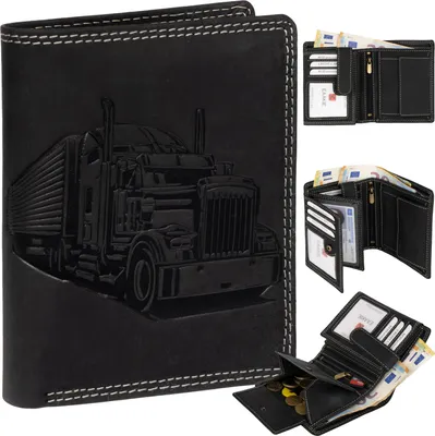 Produktbild von RFID Büffel Echt Leder Geldbörse Portemonnaie Herren mit geprägtem Motiv  Schwarz Hochformat Truck/LKW