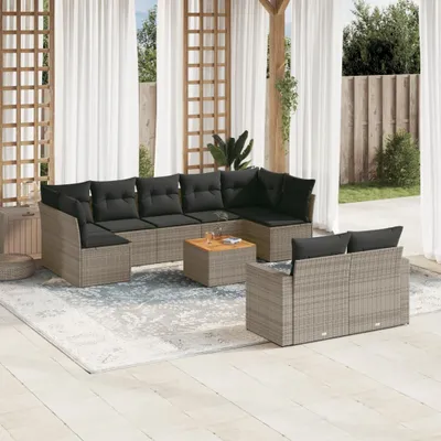 Produktbild von Design 10-tlg. Garten-Sofagarnitur mit Kissen Grau Poly Rattan, Gartensofas 2024 Neu