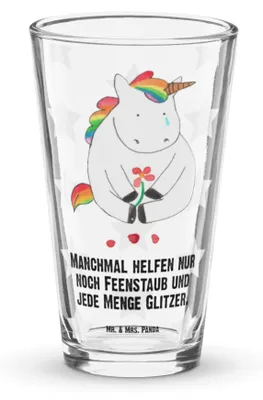 Produktbild von Mr. & Mrs. Panda Premium Trinkglas Einhorn Traurig - Transparent - Geschenk, Einhörner, Unicorn, Tumbler, Wasserglas, Freunde, Liebe, Glas, Longdrinkglas, Blume, Bierglas