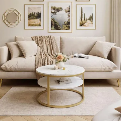 Produktbild von CIRI SLIM LEVANTO runder Couchtisch mit Ablage, Gold matt / marmor levanto