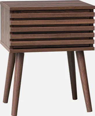 A wooden nightstand with a slatted front and tapered legs, presented against a white background.