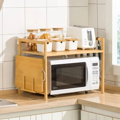 Image de Rack pour four à micro-ondes Étagères de cuisine Étagère à épices en bambou avec 4 crochets
