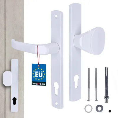 A set of white door handles and related hardware, including a door knob, on a light gray and white background.