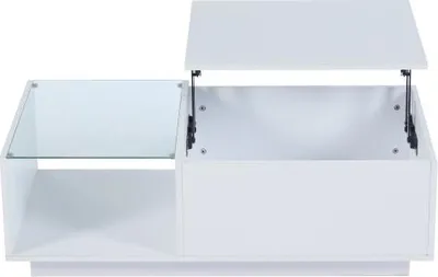 Produktbild von Couchtisch 50x100x33-46.5 cm LED Weiss Hochglanz Hoehenverstellbar Mit Verstecktem Stauraum Ablage Wohnzimmertisch Kaffeetisch Beistelltisch