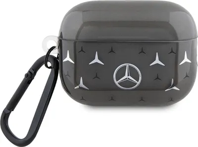 A dark gray AirPods Pro case with a repeating Mercedes-Benz star pattern and a silver Mercedes-Benz logo in the center. A black carabiner clip is attached to a loop on the side of the case.