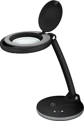 Produktbild von LED lupa se studeným světlem, stolní provedení se stojanem a dotykovým spínačem pro ovládání jasu, 6 W, černá barva