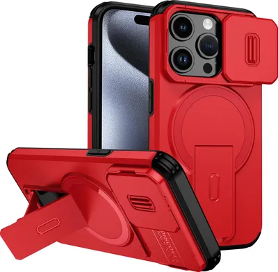Obrázek produktu pro Magnetické pouzdro pro iPhone 15 Pro, dvouvrstvé odolné pouzdro s posuvnou ochranou fotoaparátu a nastavitelným stojánkem Červená