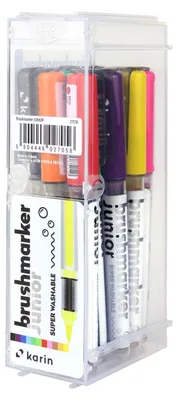 Immagine prodotto di karin Brushmarker Junior, blu, marrone, oro, verde, viola, rosa, rosso, turchese, giallo, multicolore, 11 colori, punta rotonda, confezione da 11 pezzi