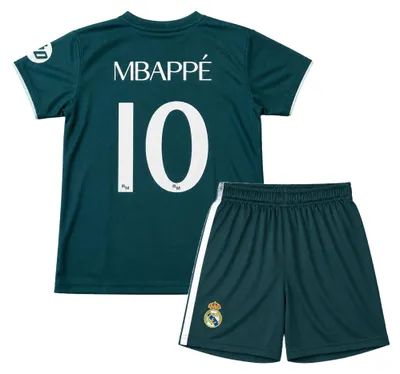Image de Real Madrid Tenue Extérieure Mbappé - Tenue de Football Enfants - Taille 128 - Saison 2026/2027 - Maillot et Short - Garçons - Filles - Vert Foncé