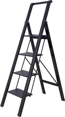 Produktbild von Famanu Stehleiter leichtgewichtig, faltbar, Aluminium mit Antirutsch-Tritten und Sicherheitsgeländer, 4 Stufen, schwarz