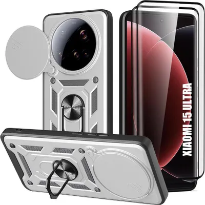 Image de Coque + 2 Verres Trempés pour Xiaomi 15 Ultra, Bumper Antichoc avec Support Arrière et Protection Caméra - Argenté