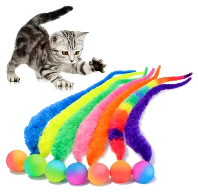 Produktbild von 7-teiliges Katzenspielzeug-Set mit Wurm und Hüpfball, interaktive, flauschige Würmer für Katzen, bunte Zauberwürmer mit Schwanz