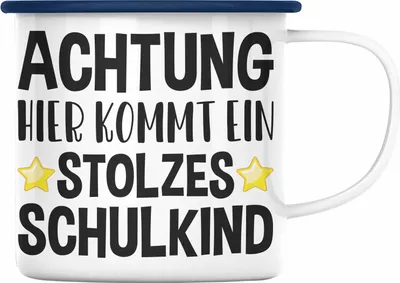 Produktbild von Trendation - Einschulung Junge Mädchen Geschenk Schultüte Füllung Emaille Tasse Schulstart 1. Schultag Schuleinführung Schulanfang Geschenkidee 2023 Schulkind Lustig (Blau)