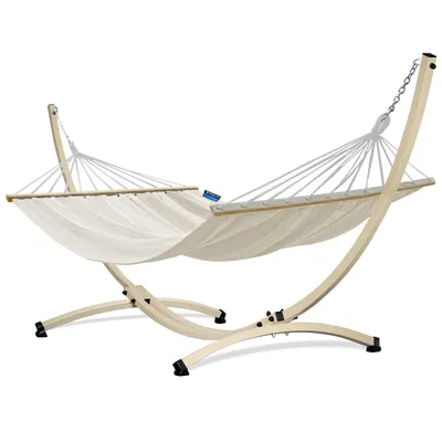Produktbild von Potenza Outdoor Hängematte mit Gestell für 2 Personen I Stabhängematte XXL 220x160, 200kg I Verzinkter Ecru Hängemattengestell 220kg Wetterfest