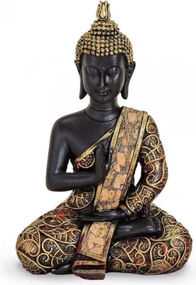 Produktbild von Unyqoos® Buddha-Figur Amoghasiddhi – sitzend im Lotussitz, Dhyani-Buddha Dekofigur aus wetterfestem Polystone, Schwarz‑Gold‑Dunkelrot, H15×B10×T5 cm