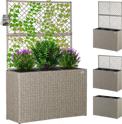 A planter box with a trellis and plants, shown with smaller versions of the planter box on the right.