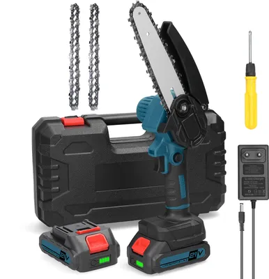 A cordless chainsaw kit with accessories laid out on a white background.