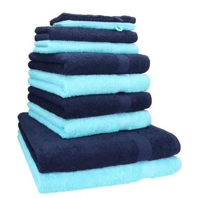 Produktbild von Betz 10-tlg. Handtuch-Set PREMIUM 2 Duschtücher 4 Handtücher 2 Gästetücher 2 Waschhandschuhe  Farbe:  dunkel blau & türkis