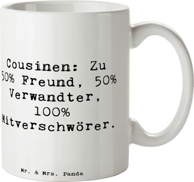 Produktbild von Mr. & Mrs. Panda Tasse Spruch Cousin Mitverschwörer - Weiß - Geschenk, Teetasse, herzerwärmende Sprüche, Cousine, Pott, Verbündete, Geschenke, Familienmitglieder, Becher