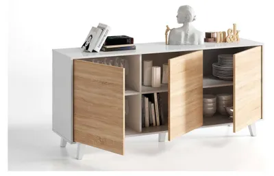 Produktbild von Anrichte Dacell, Modernes Sideboard mit 3 Türen und Einlegeböden, Küchenbuffet, Wohnzimmer-Design-Buffet, 154x40h75 cm, Weiß und Eiche