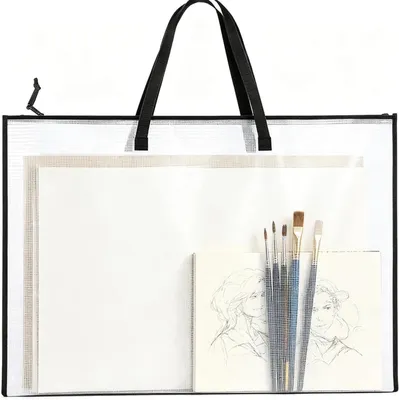Imagen del producto de Carpeta para materiales de dibujo A2, fabricada con material de malla transparente, de 64 x 48 cm, con cierre de cremallera, ideal para guardar materiales de arte