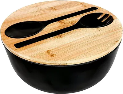 Image de Saladier Couvert de service avec planche à découper Couvercle et couverts - Bol mélangeur noir