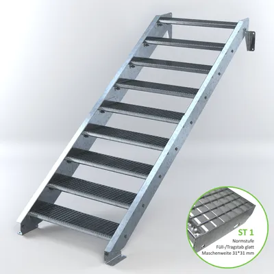 Produktbild von Stahltreppe 9 Stufen bis Höhe 180 cm, Laufbreite : 90 cm kein Geländer ST 1 (31 / 31 mm)