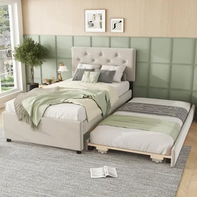 Obrázek produktu pro Čalouněná postel MODFU 90×200 cm s výsuvným lůžkem 90×190 cm, dětská postel pro mládež s roštovým rámem, béžová barva (bez matrace)