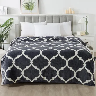 Zdjęcie produktu dla Koc 220x240 cm, szaro-biały wzór, flanela, do łóżka