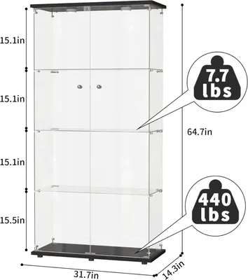 Zdjęcie produktu dla Fortuna Lai szklana gablota stojąca, 4-warstwowa szklana gablota, 2 drzwi, lampa LED i zamek z lustrzanym tyłem szklana gablota stojąca, szafka do salonu na kolekcje i książki