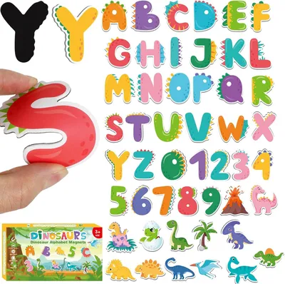 Zdjęcie produktu dla Zestaw magnesów dla dzieci 49 sztuk, kształt dinozaura litery i cyfry, do lodówki