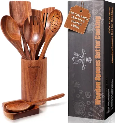 Produktbild von Kochlöffel Holz Set aus natürliches Teakholz, 9 Stück Küchenhelfer Set mit Halter, Holzlöffel, Pfannenwender, Salatbesteck und weitere Küchenutensilien, Hochwertig und Nachhaltig