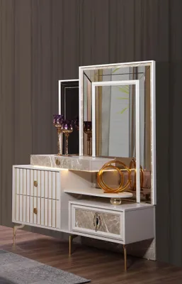 Image de Table de toilette blanche pour chambre à coucher, console design en bois avec miroir