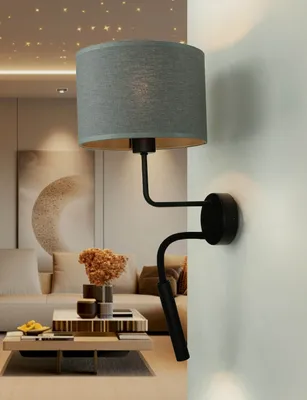Produktbild von Wandlampe Grau Schwarz flexibler Lesearm Stoffschirm groß HOTEL Leseleuchte Bett Schlafzimmer