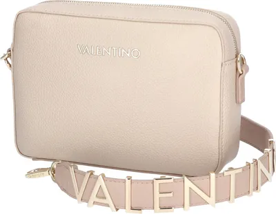 A beige Valentino handbag with a gold and pink strap.