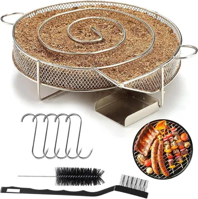 Image de Générateur de fumée en acier inoxydable pour cuisson à froid, modèle rond, avec 5 crochets pour la viande + 2 brosses de nettoyage