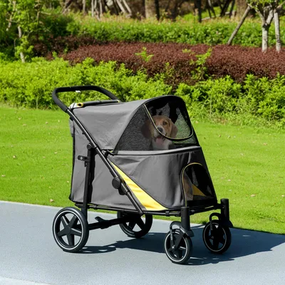 Image de Poussette pour chien pliable d'un seul clic pour grands chiens, poussette pour chien avec amortisseurs, pliable, en acier Oxford, gris foncé | 112 x 65 x 100 cm | 11 kg | 2 laisses de sécurité