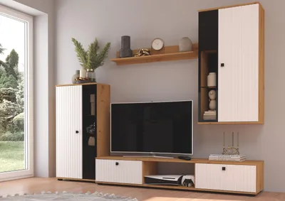 Produktbild von Wohnwand Salsa 2 Lamellenoptik Anbauwand Schrankwand MDF Weiss + Eiche Artisan