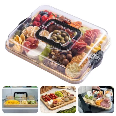 Produktbild von Bambus Käseplatte Charcuterie Board mit Deckel Tragbares Käsebrett mit 6 Fächern Servierplatte für Käse Wurst & Snacks für Picknick Reise & Brunch