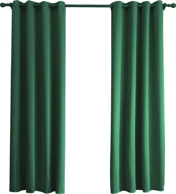 Two green curtains hanging from a rod against a white background.