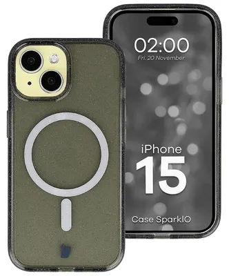 Produktbild von Glitzer Hülle mit Magnetring für iPhone 15, Bizon Case SparklO, Transparent-Schwarz mit Glitzer