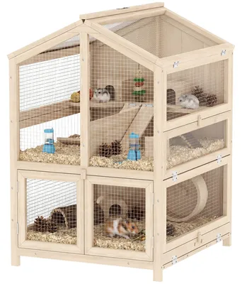 Produktbild von PawHut Hamsterkäfig 3 Etagen 68 x 61,5 x 90 cm Holz Nagerkäfig mit Hütten Wippen