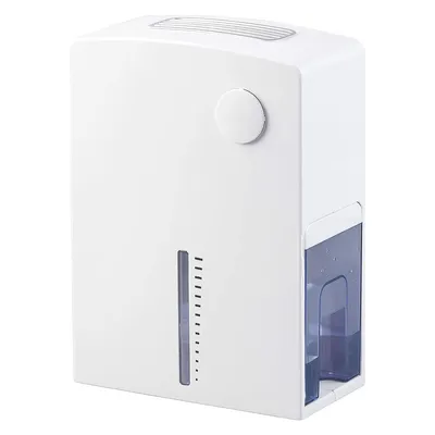 A white dehumidifier with a blue water tank is shown against a white background.