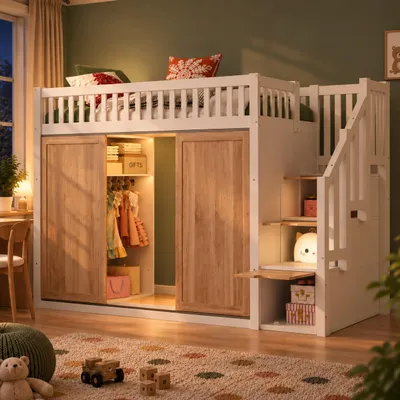 Productafbeelding van Hoogslaper 90 x 200 cm met kledingkast en trapkast, LED-lichtbalk in verschillende kleuren, bedienbaar via app, lattenbodem, belastbaar tot 120 kg, wit/eikenhout, AI-gegenereerde afbeelding