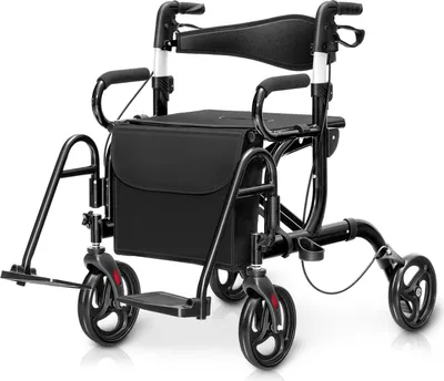 Zdjęcie produktu dla składany rollator 2 w 1, transportowy wózek inwalidzki z siedziskiem, odwracanym oparciem, torbą na zakupy, uchwytem na parasol, aluminiowa 4-kołowa pomoc w chodzeniu, czarny