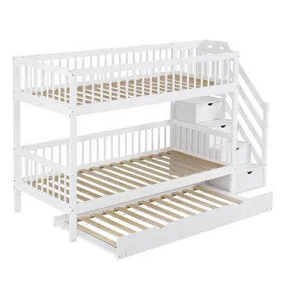 Produktbild von Merax Etagenbett mit Rollbett & Leiterschrank, Kinderbett mit Fallschutz & Handlauf, Kiefer+MDF, Weiß, 90x200/190cm