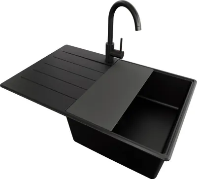 Produktbild von PRIMAGRAN Granitspüle Alles Schwarz 78x50cm, Spülbecken 1 Becken + Ablauf-Set + Küchenzubehörset, Küchenspüle ab 50er Unterschrank - Kopenhagen
